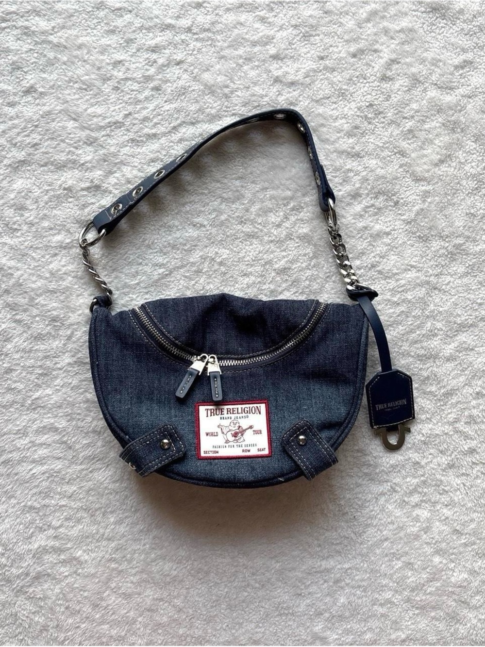 True Religion Navy Denim Crescent Shoulder Bag with Silver Hardware